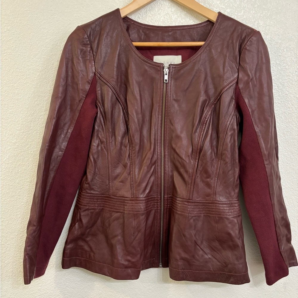 Hinge Leather Peplum Jacket in Deep Maroon Sz Medium - Picture 3 of 15